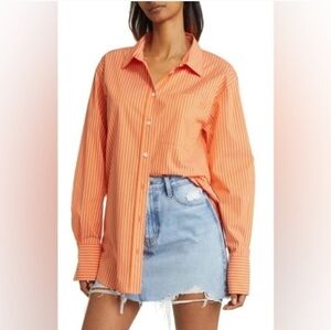 Frame The Oversized Shirt In Tangerine Orange Pinstripe Size Medium